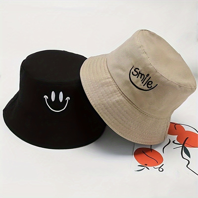 

Unisex Solid Color Reversible Bucket Hat With Simple Smiling Embroidery - Lightweight Casual Fisherman Cap For