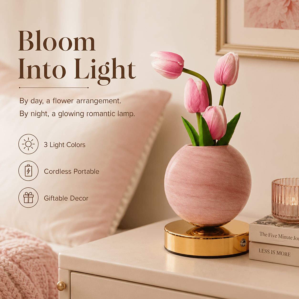 TEMU Pink Tulip Vase Night Light, Usb Rechargeable Artificial Lamp For Bedroom, Bedside, Desk, Home