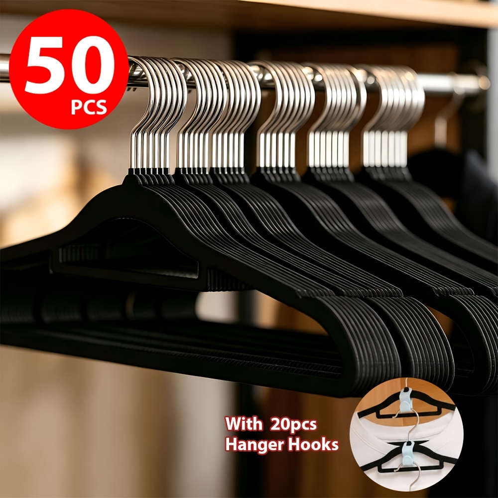 50pcs Black Velvet Clothes Hangers With 20 Hangers Hooks, Non-slip No Mark Space Coat Hangers, Hook Closet Organizers For Home, Dorm, Retail, Closet Organization & Wardrobe Storage
