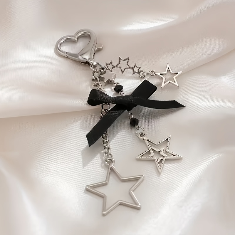 TEMU Fashionable Pink Quilted Pouch With Star And Heart-shaped Keychains - Metallic Finish, Black Bow And Ring Clasp, Perfect For Decorating Bags And