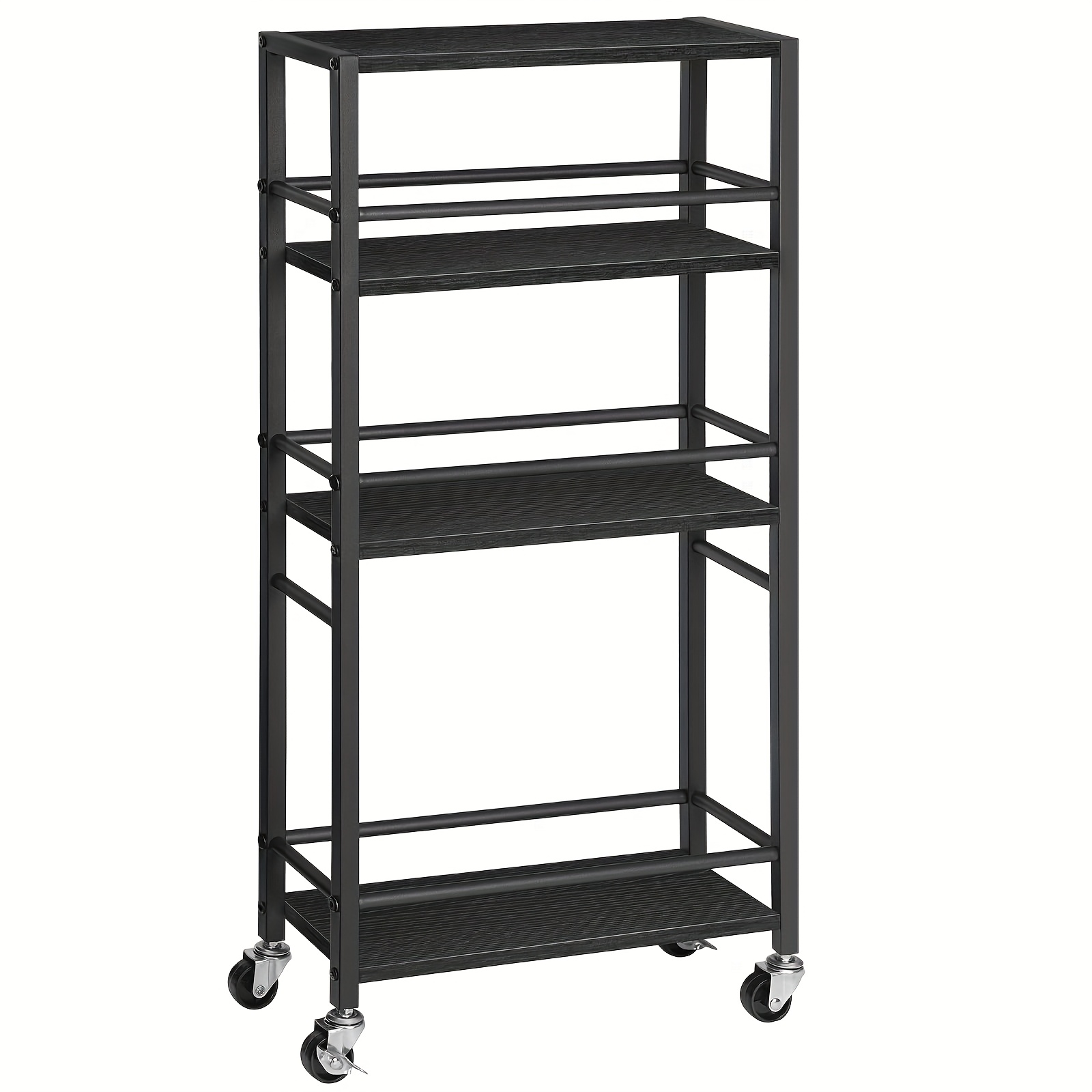 Image of 4-tier Serving Cart With Wheels, Kitchen Cart With Rails, Bar Cart With Brakes, Kitchen Serving Cart For Beverages, Suitable For Kitchen, Living Room And Dining Room Use, Black, White, Brown