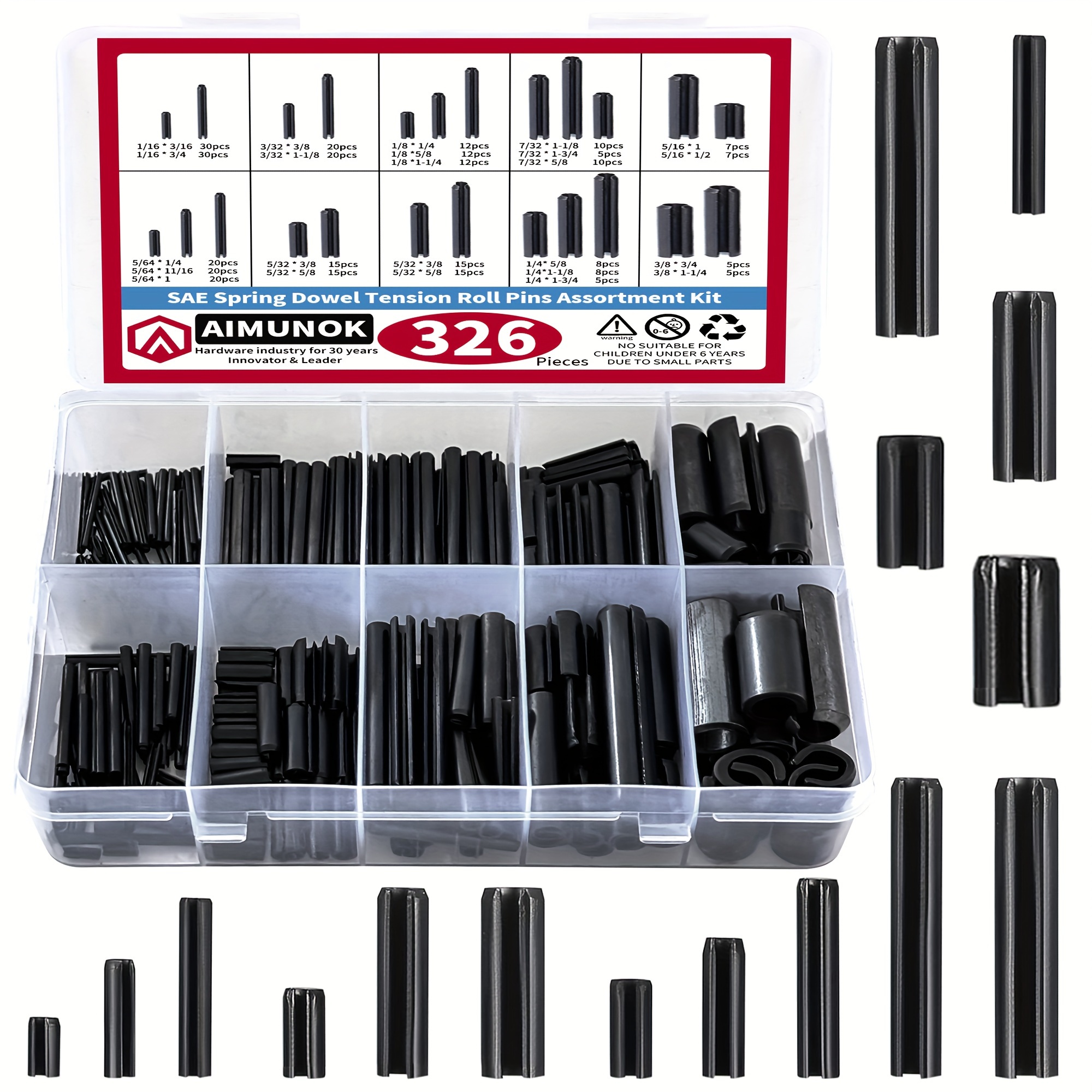 

326pcs Sae Roll Pin Set, Split Expansion Pin Assortment Kit For Home Improvement Automotive Repair & More, 1/16 3/32 1/8 7/32 5/16 5/64 5/32 1/4 3/8 Inch Slotted Spring Pins