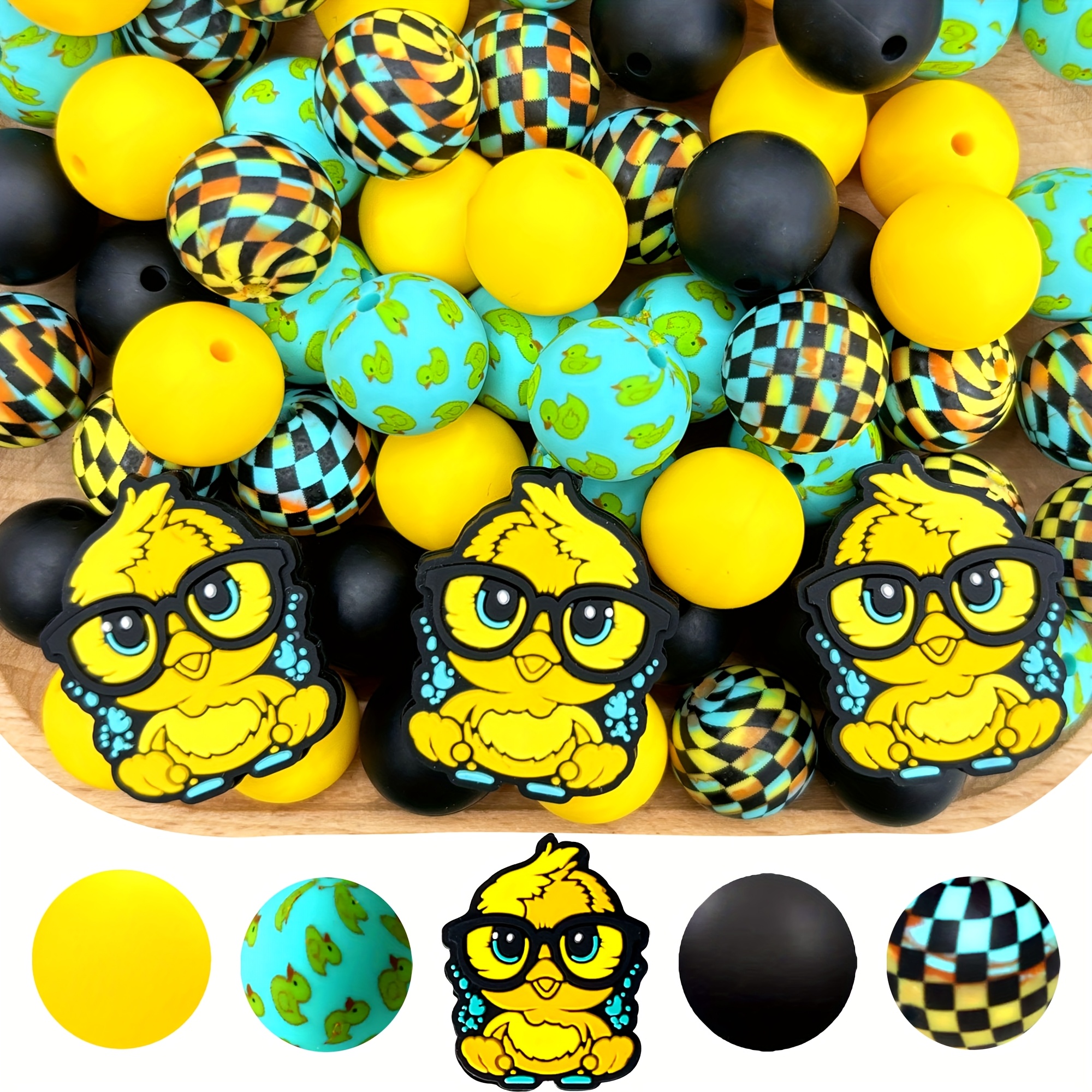 TEMU 25pcs Silicone Beads With Cute Glasses Chick, Silicone Molding Scattered Beads Blue Bird Print Colorful Round Beads Suitable For Jewelry