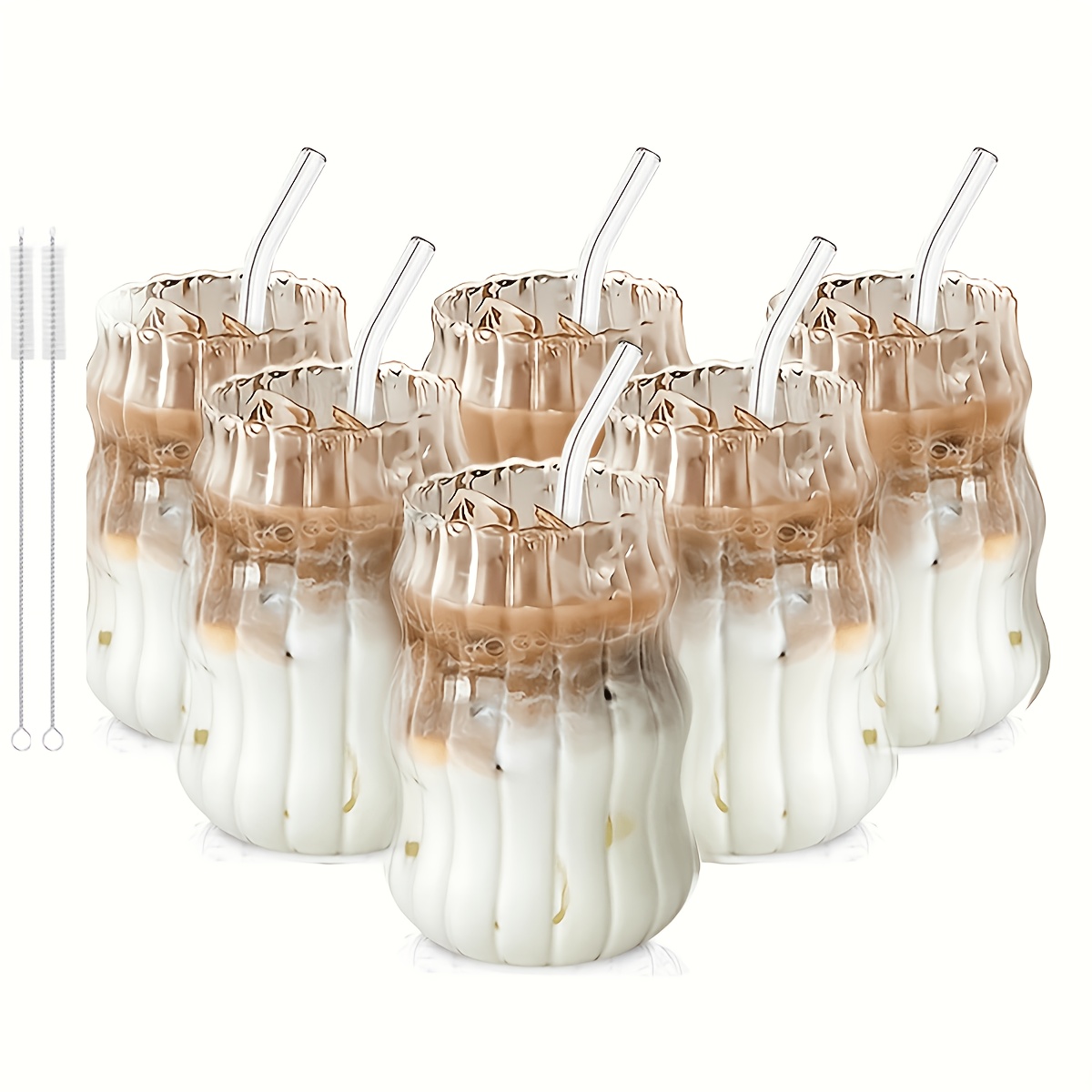 Image of 6pcs Glass Coffee Cups With Straws, Vintage , Easy Office Water Cups, Suitable For Iced Coffee And Beverages, Commercial Coffee Cups, Mugs, Home Drinkware, Holiday Gifts, With A Straw Cleaning Brush!
