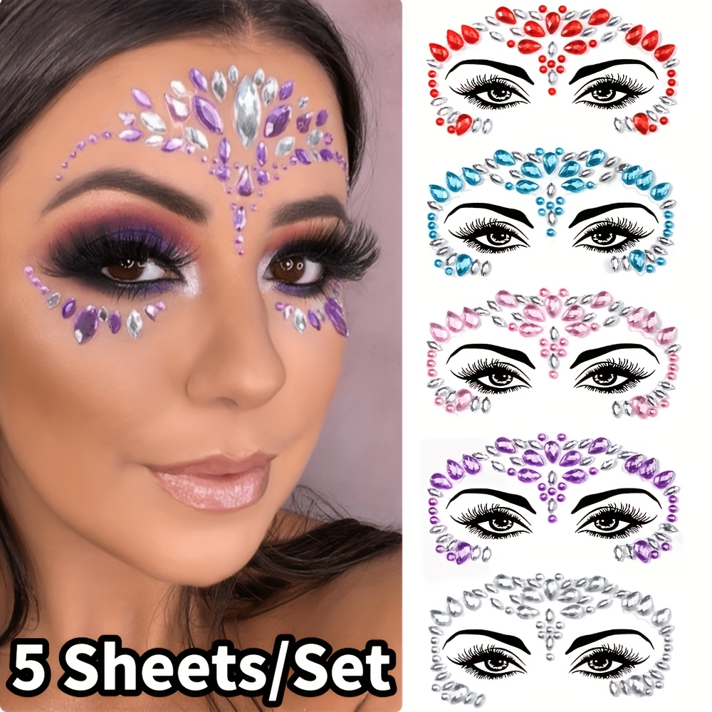 TEMU 5 Sheets Face Gem Stickers Set, Self-adhesive Eye Forehead Rhinestone Face Jewels, Multicolor Facial Jewel Decals For Carnival Festival Party