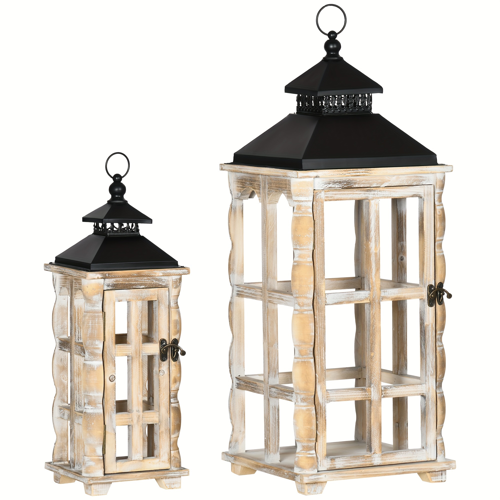 

Homcom 2 Pack 31"/22" Large Rustic Lantern Decorative, Hanging Wooden Metal Indoor/outdoor Lantern For Home Decor (no Glass), Black And Distressed Natural Wood Color