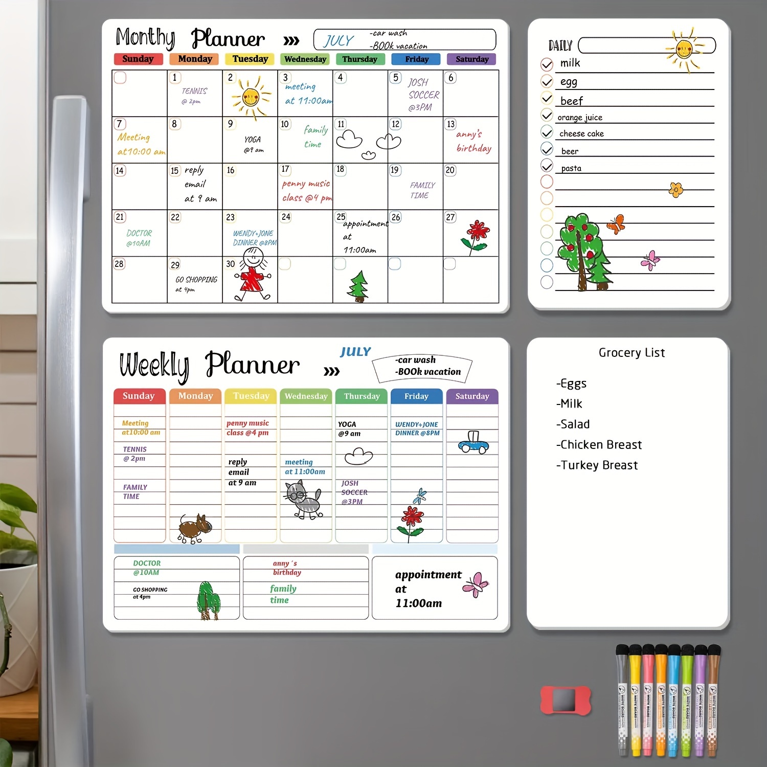 

Magnetic Dry Erase Calendar Whiteboard Set (4 Pack) For Home, Kitchen With Monthly And Weekly (16.5"x 11.8") Magnetic Whiteboard And Daily Notepads (12|"x 8") 8 Markers And 1 Eraser