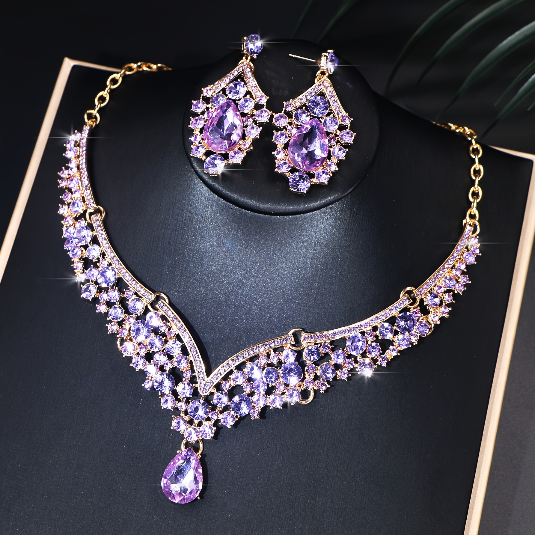 

Luxurious Set For Women - Vintage-inspired Teardrop Necklace & Earrings With Sparkling Rhinestones, Perfect For Weddings And Parties