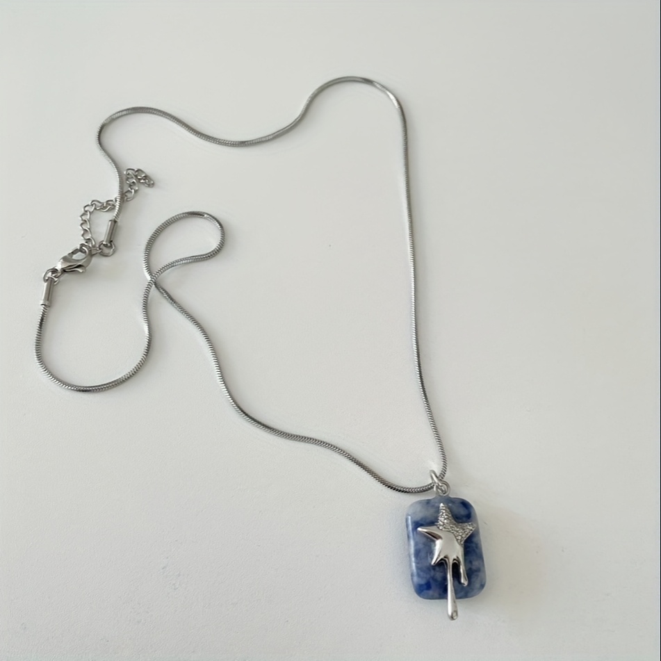 TEMU 1pc Collar de Cadena de Hueso de Serpiente, , Estrella Cuadrada de Piedra con Punto Azul, Diseño de Estilo Ins, Cadena de Cuello Y2K que ,