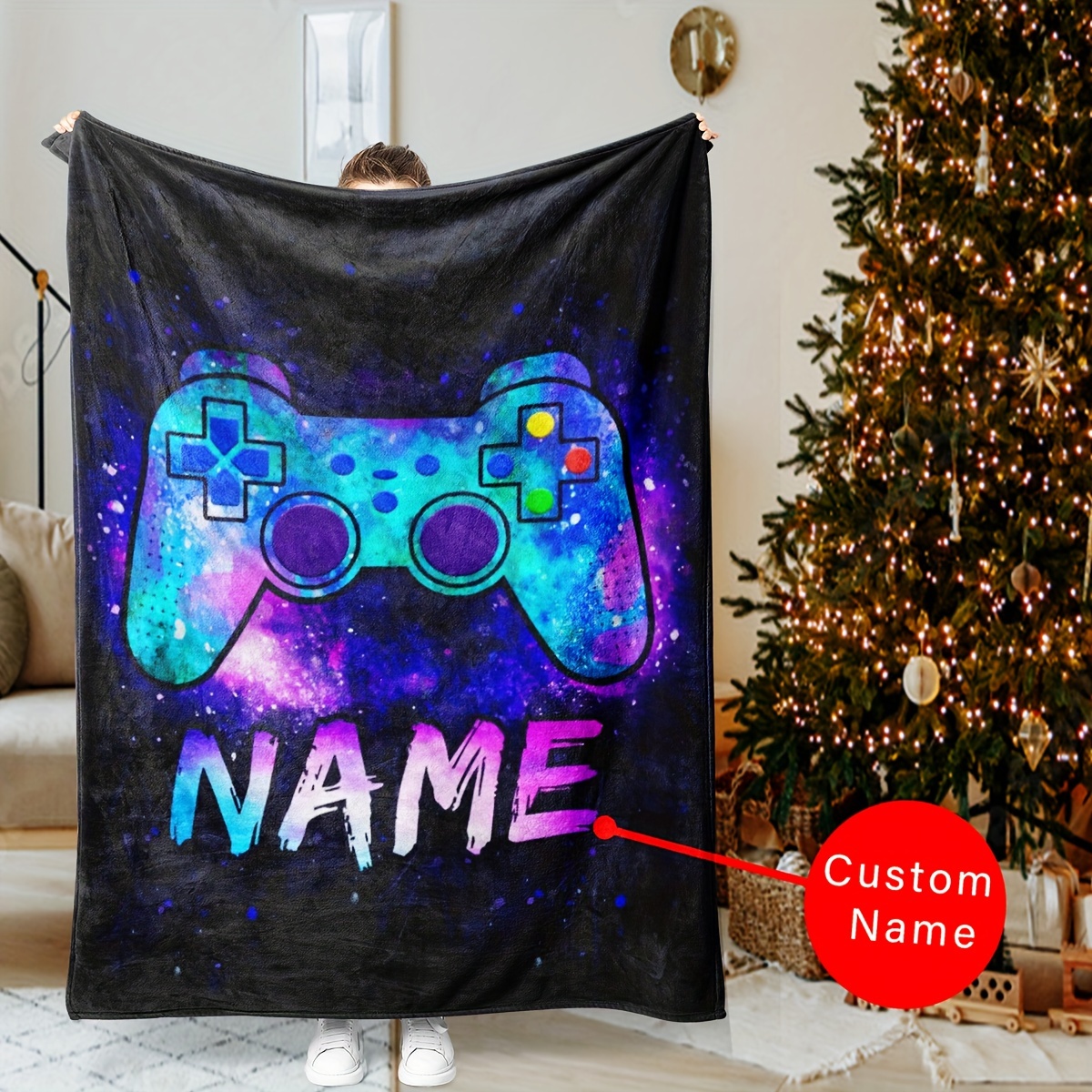 

Custom Gamer Blanket With Personalized Name - Soft Flannel, Geometric Game Controller Design - Of All , Ideal For Birthday & Christmas Gifts, Use On Couch Or Bed