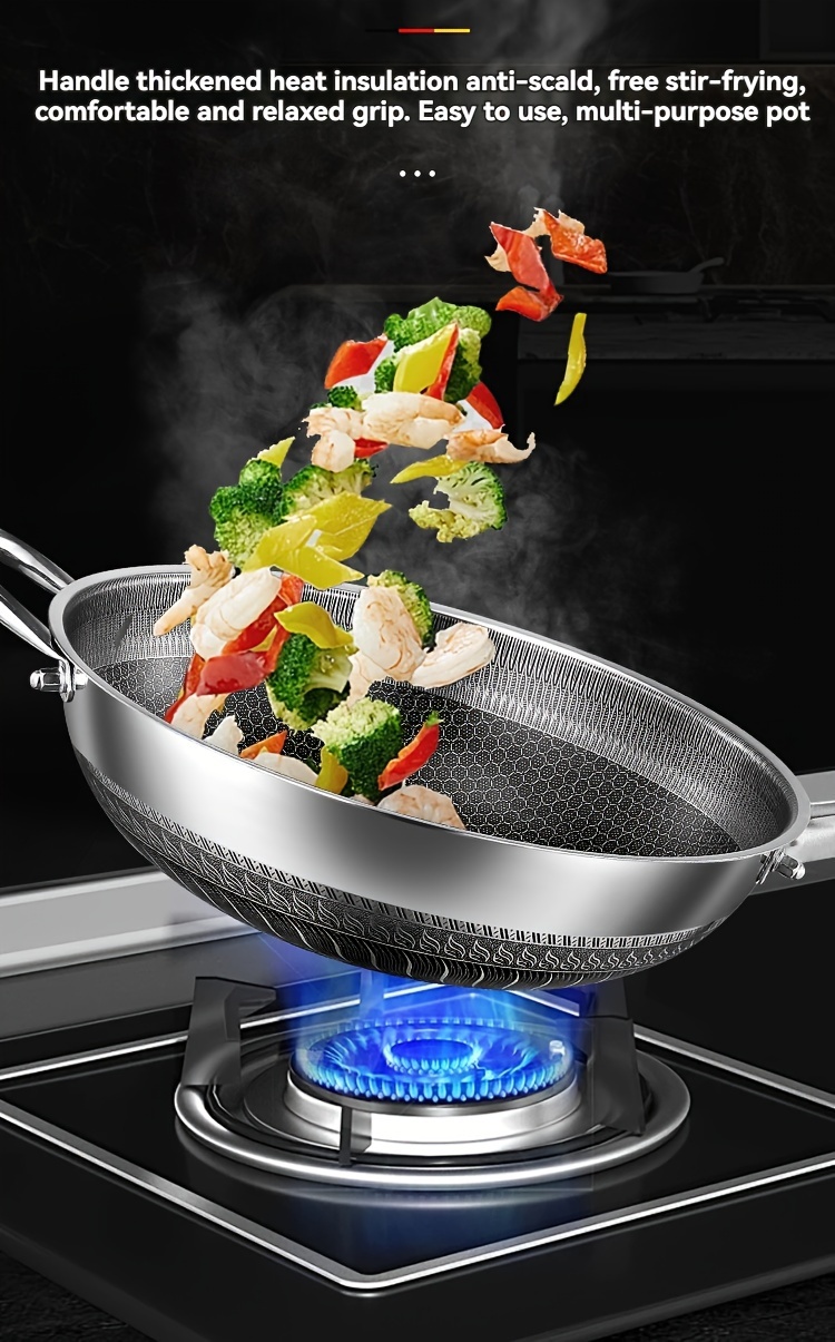 1pc honeycomb non stick stainless steel wok with glass lid 316 full screen anti scratch vertical pot cover dual anti stick shovels scratch resistant kitchen cooking tool for gas induction cookers details 14