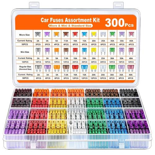 300pcs car fuse set including the accessories 160 mini fuses 90 standard fuses 50 micro fuses 1 fuse puller suitable for cars rvs trucks and motorcycles 2a 3a 5a 7 5a 10a 15a 20a 25a 30a 35a 40a
