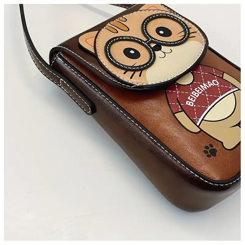 2025 mini cute cat animal print crossbody bag for women - adjustable strap, snap closure, nylon lining, olive brown/beige/pink - compact phone purse, mini purse, casual accessory, design, stylish , small handbag, casual wear, women s accessory, trendy accessory, durable material, women s handbag, details 5