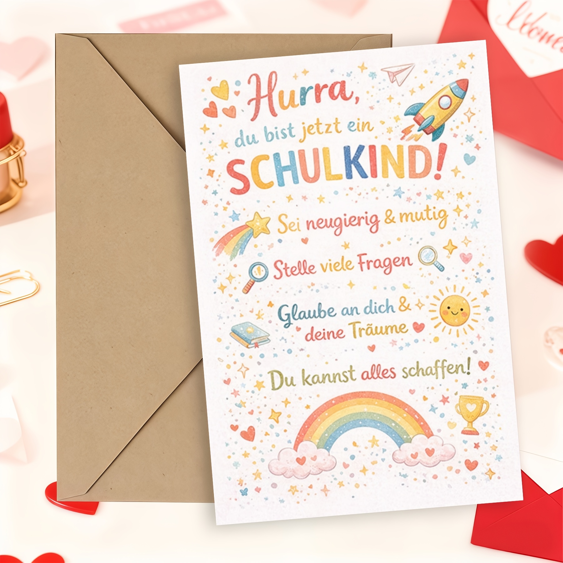 Colorful German- Card, Decorated With , Stars, , And Encouraging Messages For A New Student.