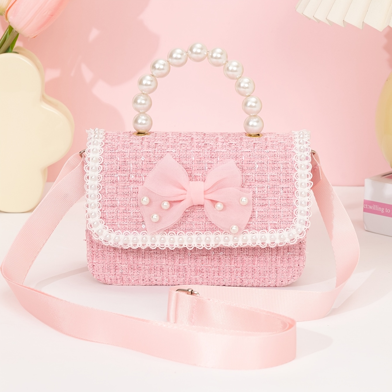 TEMU Sac bandoulière en tweed avec poignée en perles et bordure en dentelle, mini sac à main à l'épaule avec nœud en perles en , cadeau de Noël