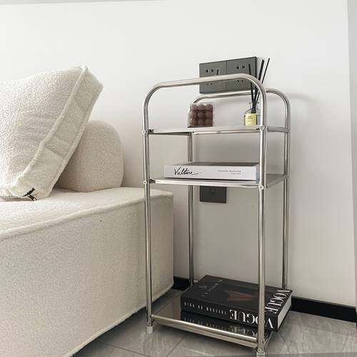 modern stainless steel side table with storage silvery nightstand home storage shelf no height under 27 0 inches space saving design no electricity needed sofas and kitchens practical shelving unit