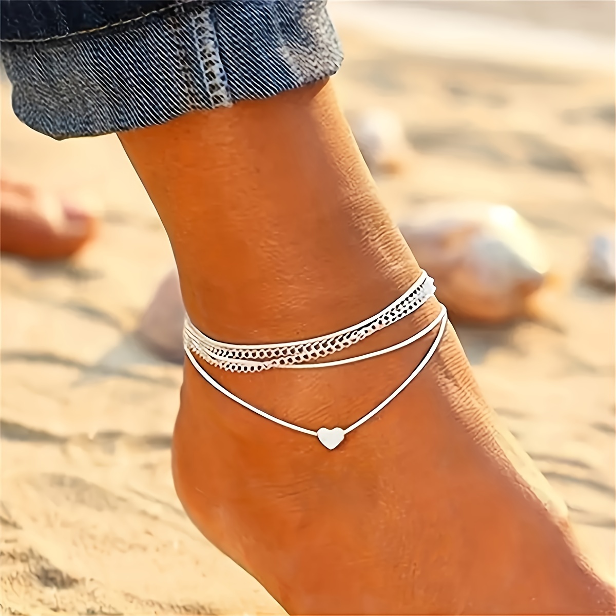 

Bohemian Style Double-layered Silvery Anklet With Cute Heart Charm, Elegant Foot Jewelry For Daily & Beach Fashionable