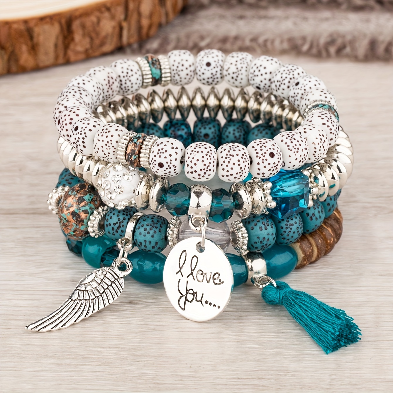 

Vintage Tribal Style Stretch Beaded Bracelet With Silver Plating, Resin Charms, Tassel Pendant, And "i Love You" Engraving – Daily Wear, Valentine's Day Gift For All Seasons