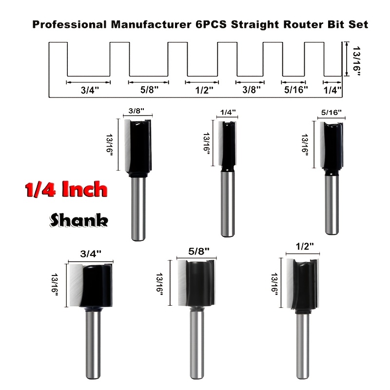 TEMU 6pcs 1/4 Shank Straight Router Bit Set, Double Flute Straight Bit Straight Cut Router Bit, Cutting Diameter 3/4", 5/8", 1/2", 3/8", 5/16", 1/4",