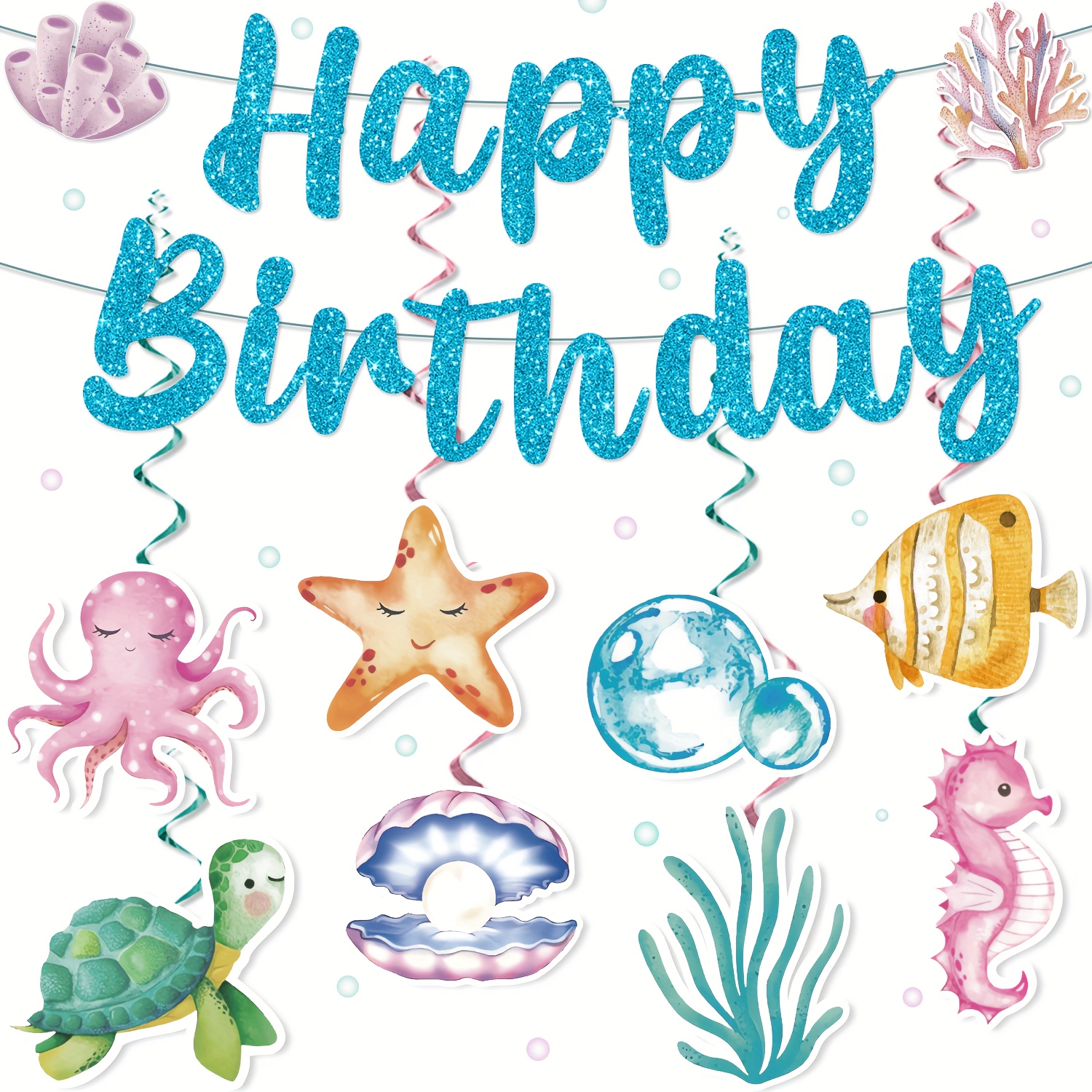 33pcs, Ocean Animal Party Banner And Hanging Decorations, Including A Happy Birthday Banner, Spiral Hanging Ornaments, Suitable For Ocean Party Decorations, Living Room, Bedroom