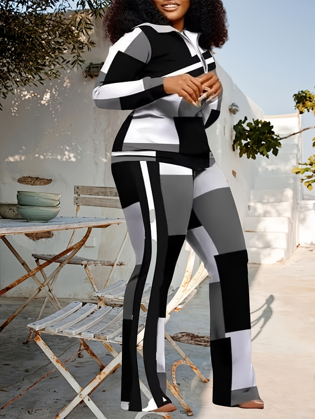 plus size womens two piece outfits zipper pattern long Temu