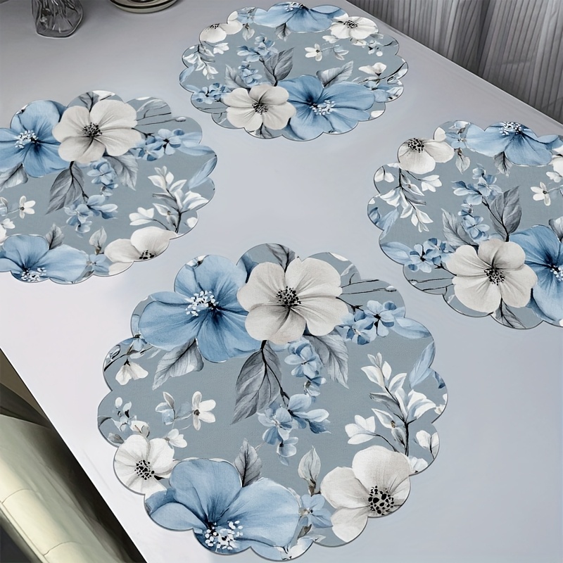 TEMU 4pcs Summer Lace Round Placemats - Non-slip Machine Washable 15x15 Inch, Light Gray & Pale Blue Floral Pattern, Durable Polyester Table Mats For