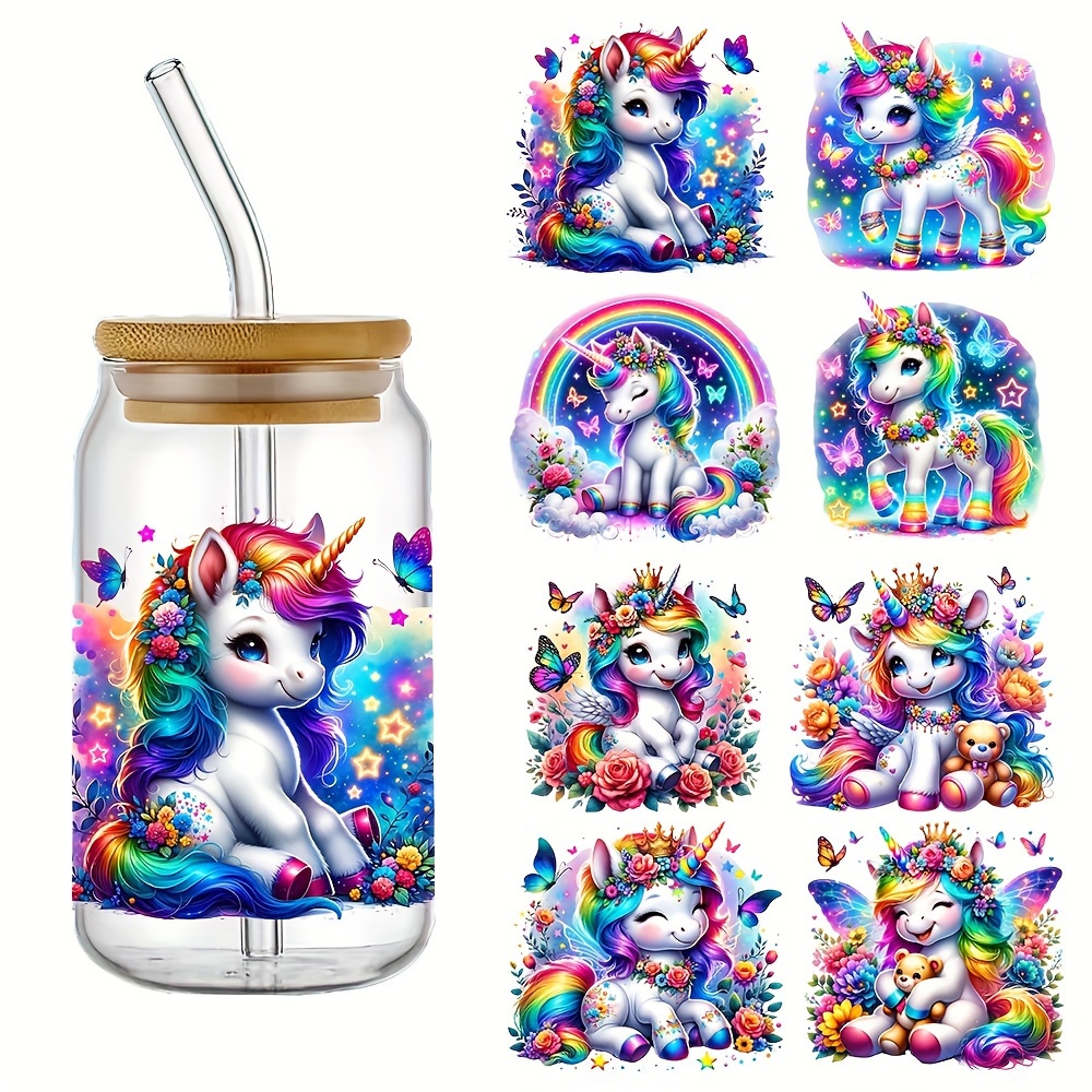 

4-pack Watercolor Unicorn Uv Dtf 16oz Decal Set - Waterproof Resistant Self-adhesive Transfer Stickers With 3d For Cup Decoration, Plastic Material