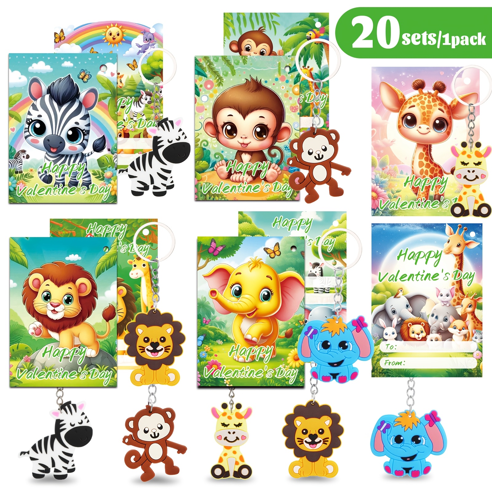 

20-pack Cartoon Animal Valentine's Day Cards With Keychains, Personalized Pvc & Paper Animal Themed Gifts, Ideal For School & Party Favors, No Electricity Needed