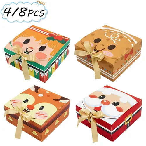 Geschenk für Sie/Ihn 4/8 Stück Weihnachtsdekorative Geschenkverpackungsboxen mit goldenem Satinband, bezaubernde quadratische Geschenkboxen mit Cartoonfiguren, kleine Aufbewahrungsboxen für