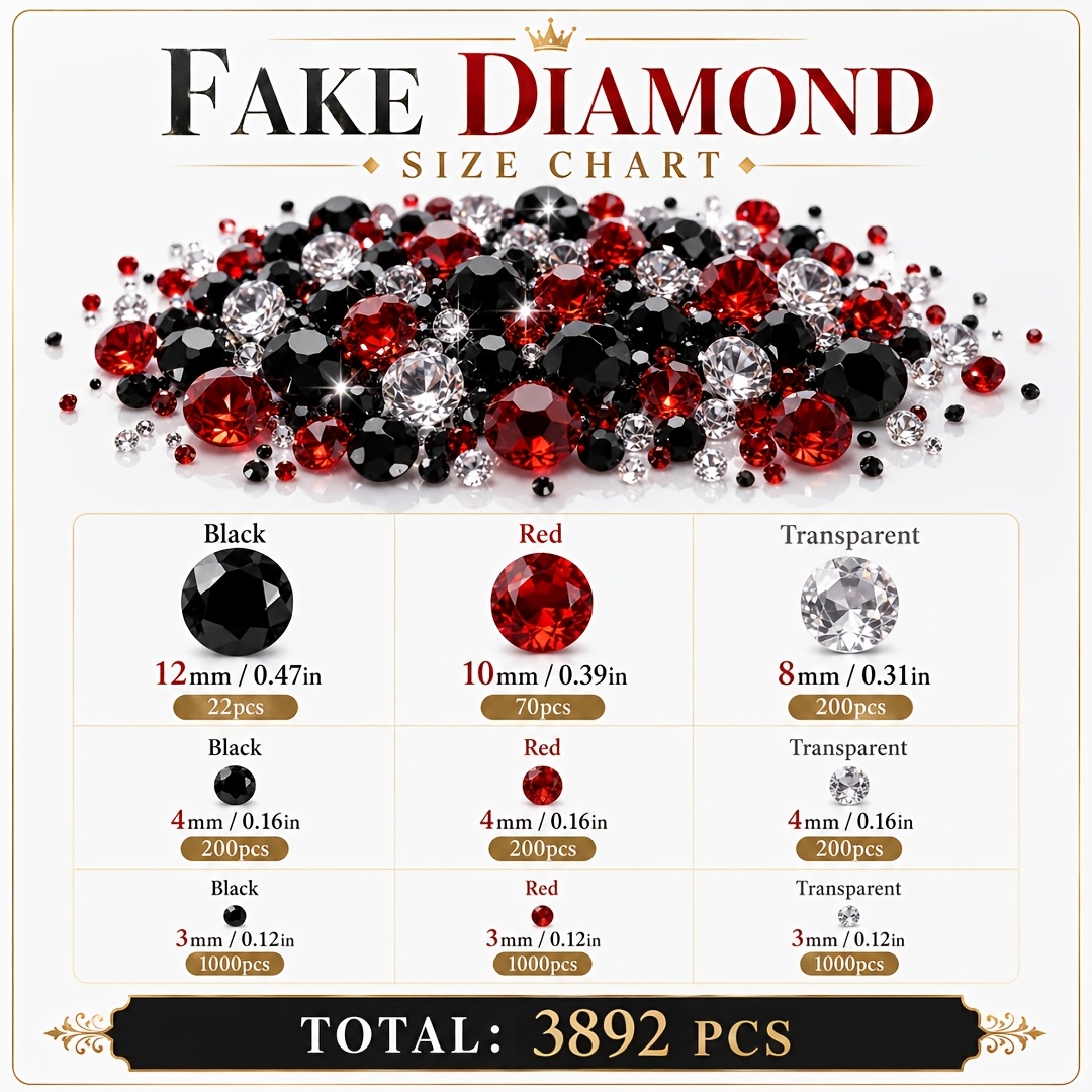 TEMU 3892pcs /small (3/4/8/10/12mm) Acrylic Diamond Gemstones Suitable For Vase Fillers, Floating Candles, Wedding Centerpieces, Table , Party Wreath