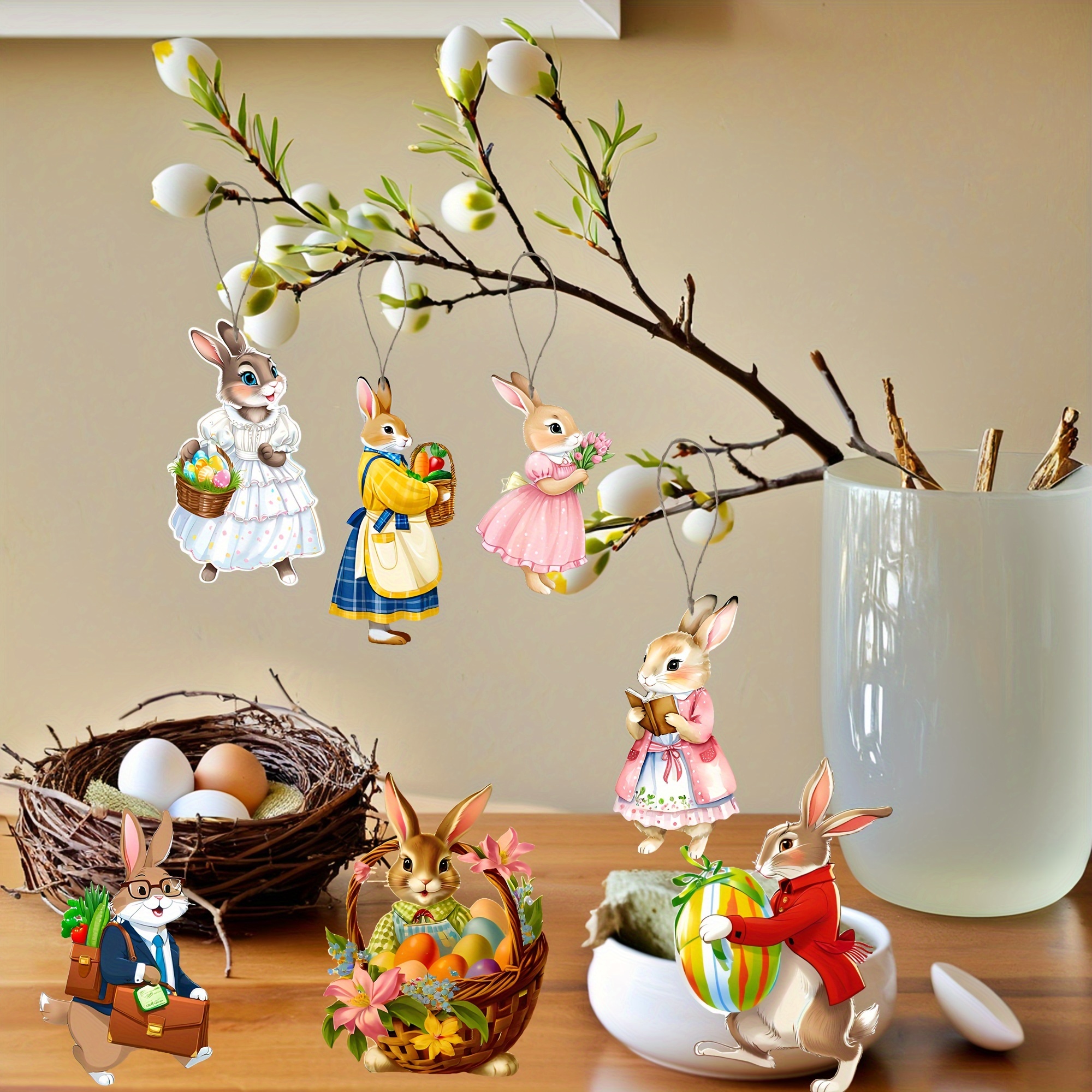 

18pcs Vintage Wooden Rabbit Easter Ornaments Set - & Tree Decorations, No Power Needed