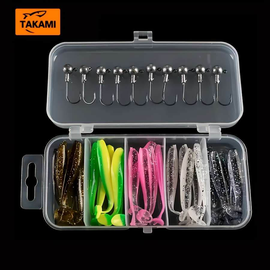 Takami | 1 Set Of 35pcs Soft Lures Fishing Baits With 10pcs Lead Head Hooks 25pcs Dual-color T-tail Multicolor Silicone Soft Plastic Fishing Gear Hunting And Fishing Equipment Fishing Soft Bait Set