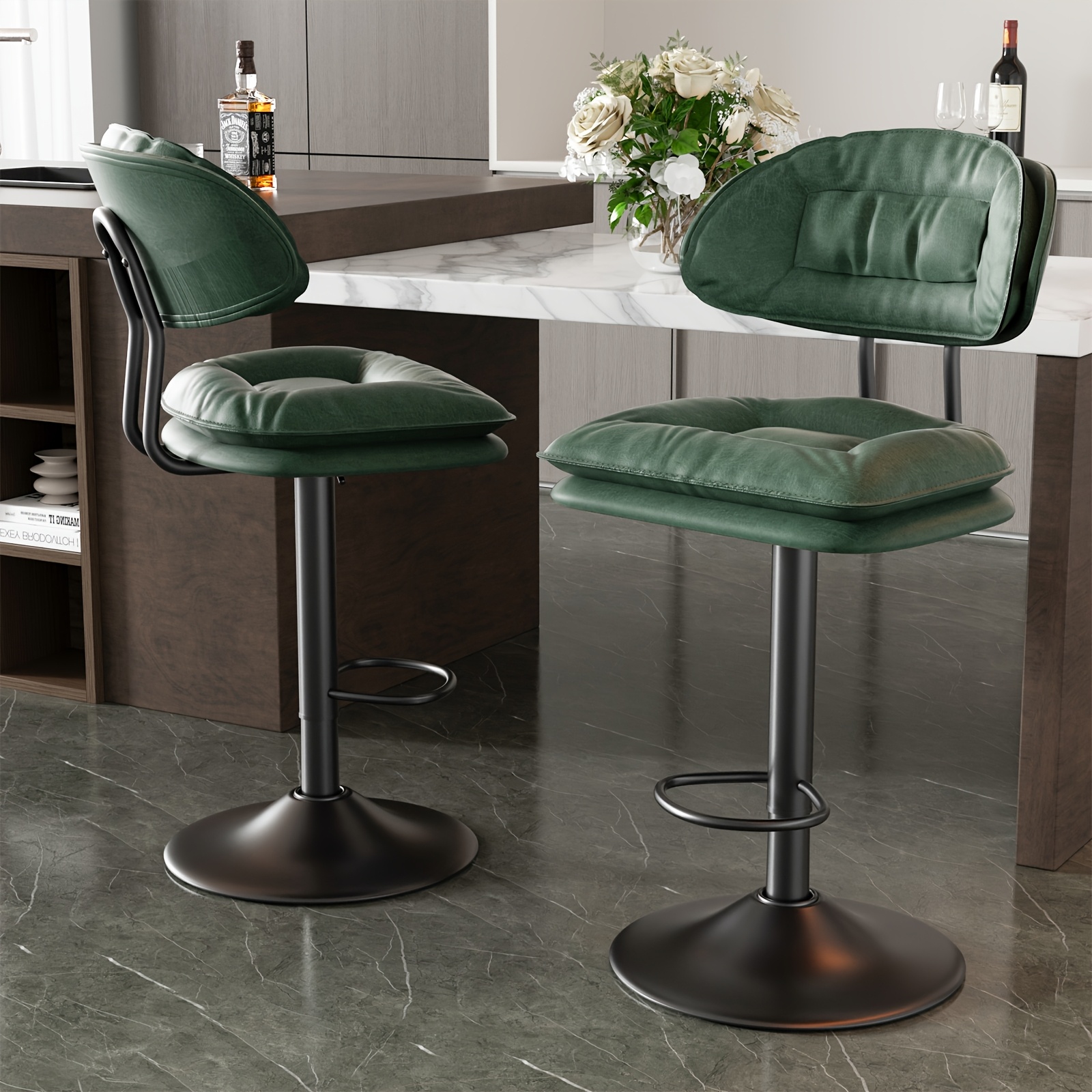 TEMU A Set Of 2 Bar Stools, Featuring Faux Leather Double-layer Fabric, Mid-century Style, , Height-adjustable Dining Chairs, Swivel Bar Stools,