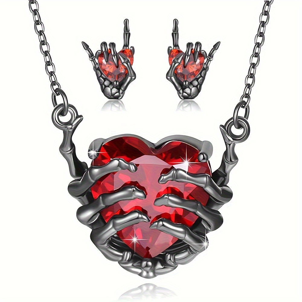 

Unique Gothic Skeleton Red Heart Necklace + Earring Set Series Pendant Necklace Jewelry Set Punk Style Fashion Party Stud Earrings Retro Accessory