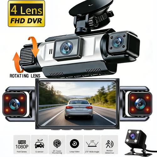 4 channel dash cam 1080p front and 720p other channels loop recording parking monitor hardwire kit required suction mount and multi language support car additions