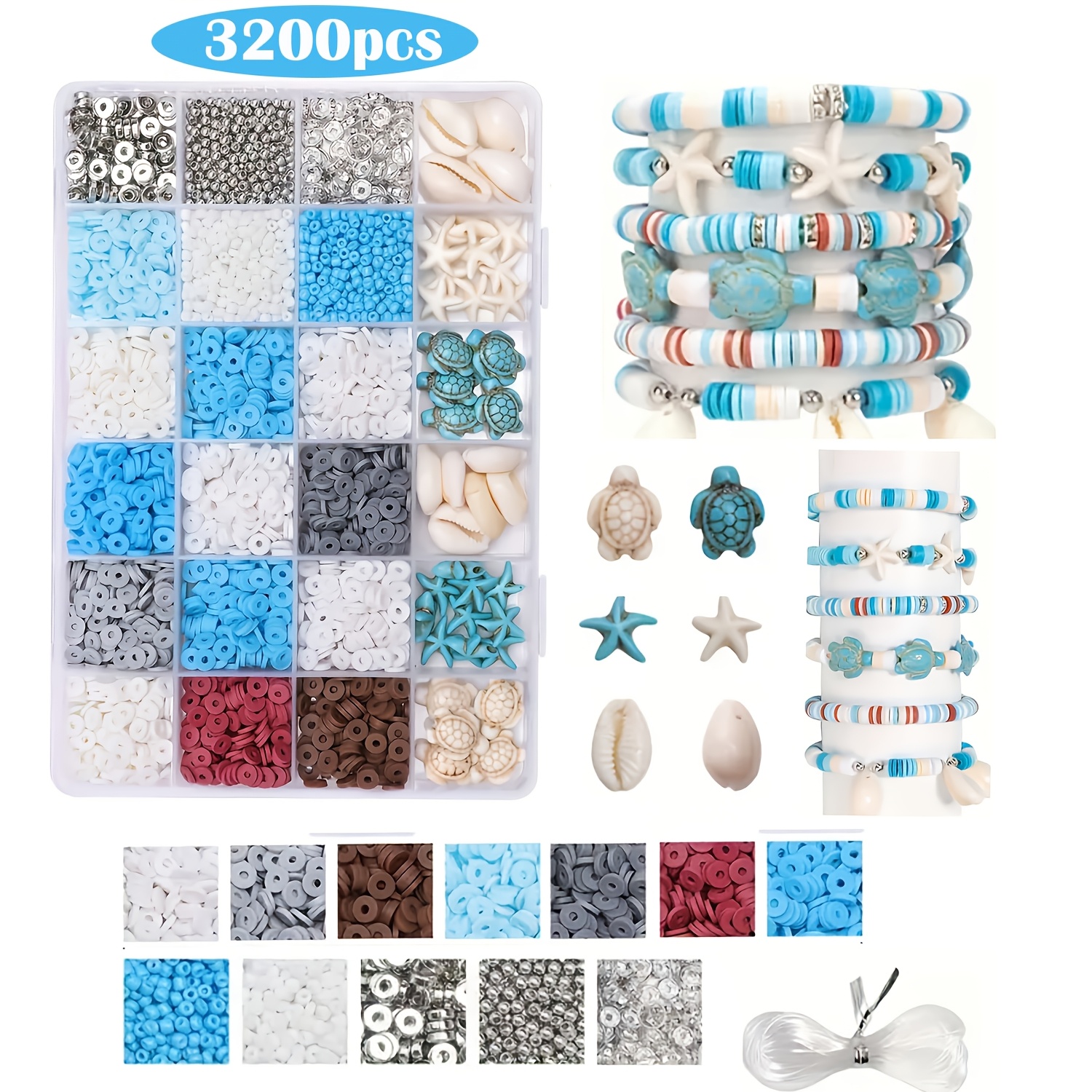 E-shop 3200-teiliges Perlen-Set im Ozean-Design | Perlen aus Polyresin mit Schildkröte, Muschel, Schnecke, Seestern für Freundschaftsarmbänder und