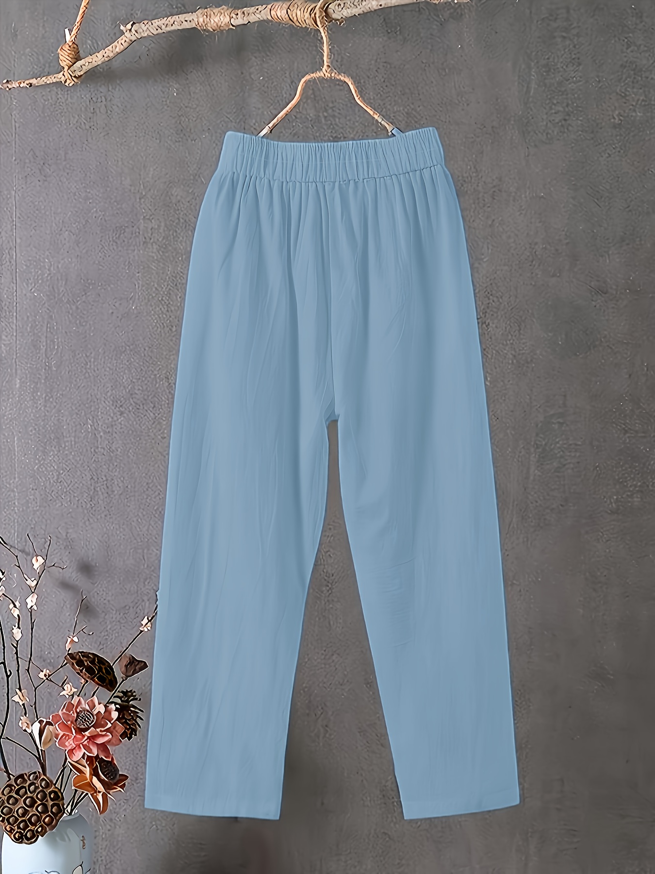 Women's Plus Size Lightweight Straight-Leg Pants - Casual White Harem Style, Elastic Waistband, Polyester, Machine Washable for Spring/Summer/Fall