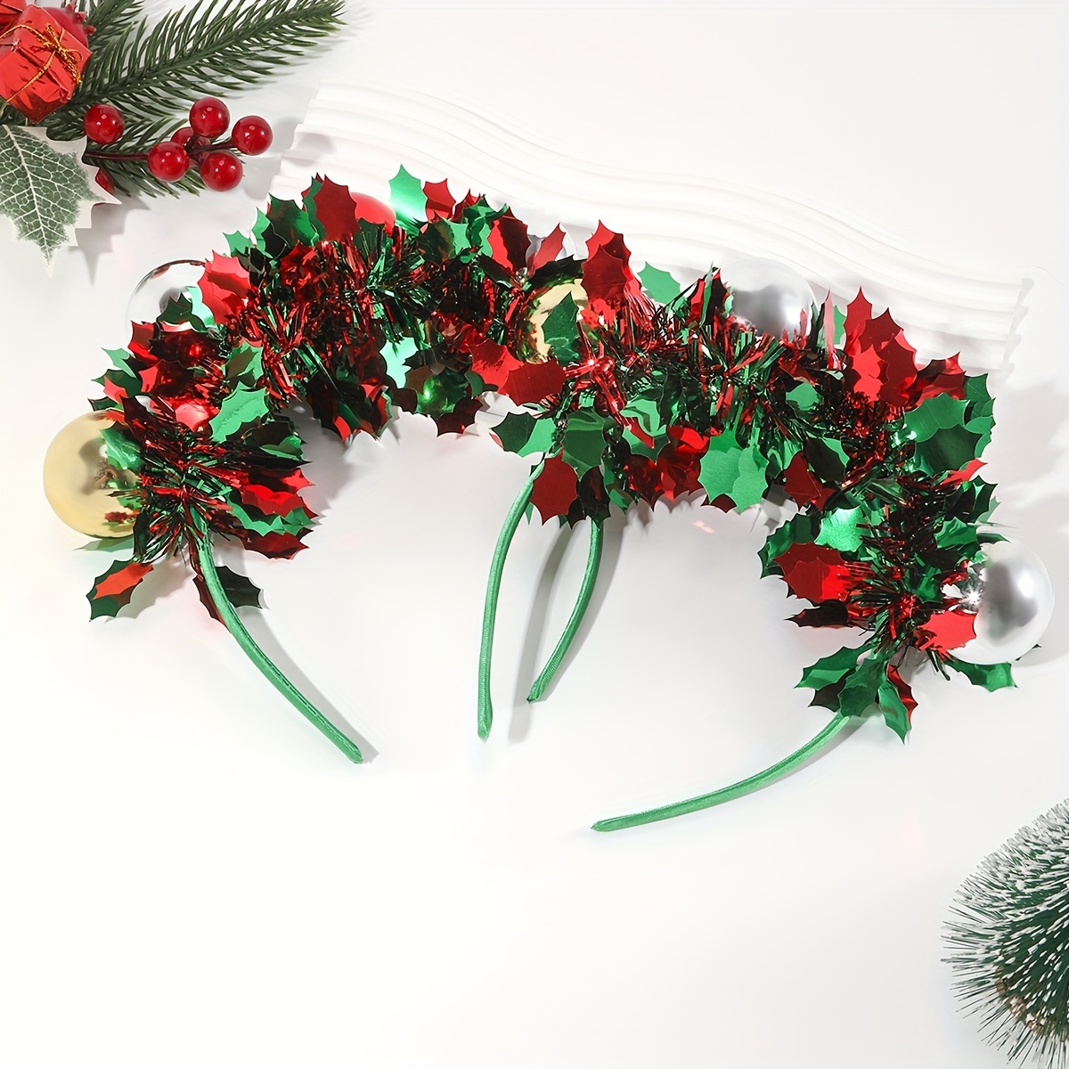 2pcs christmas headgear christmas balls red green ribbon - Temu display picture 3