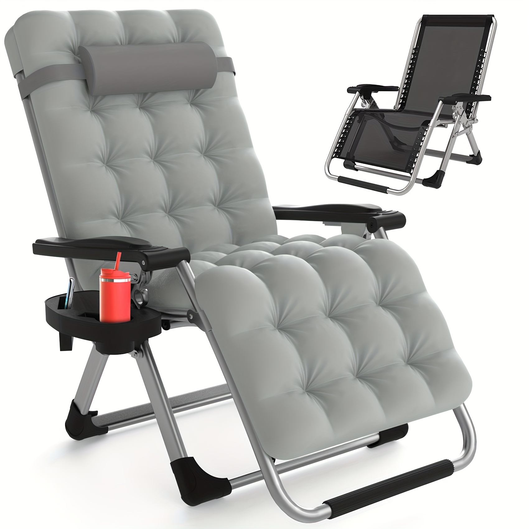 * Lounge Chair Recliner w/Upgraded Lock and Removable Cushion, Reclining  Camping Chair w/Cup Holder Tray & Headrest, Folding Reclinin