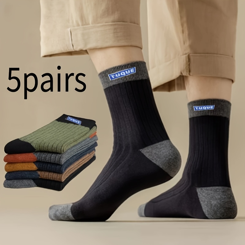 Image of 5-pack Men's Color-block Mid-calf Socks, Black-gray, Green-black, And More, Ribbed Design, Simple And Versatile, Ideal For Daily Wear, Socks