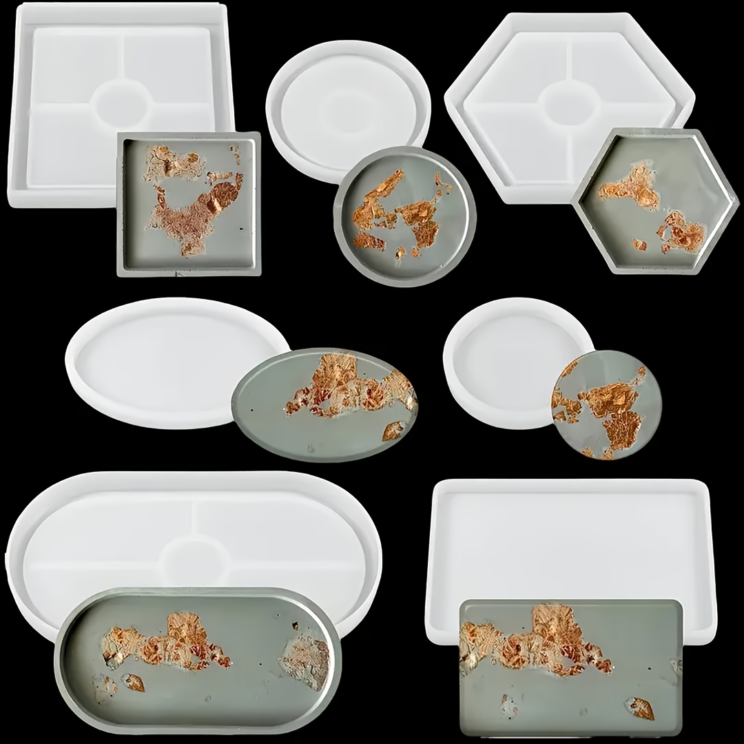 E-shop 7-teiliges Silikonform-Set mit Tablett, Gips-Tablettform, Harzguss Silikonharzform, Untersetzer Harz Teetablett Herstellung, Kristalltropfer Set