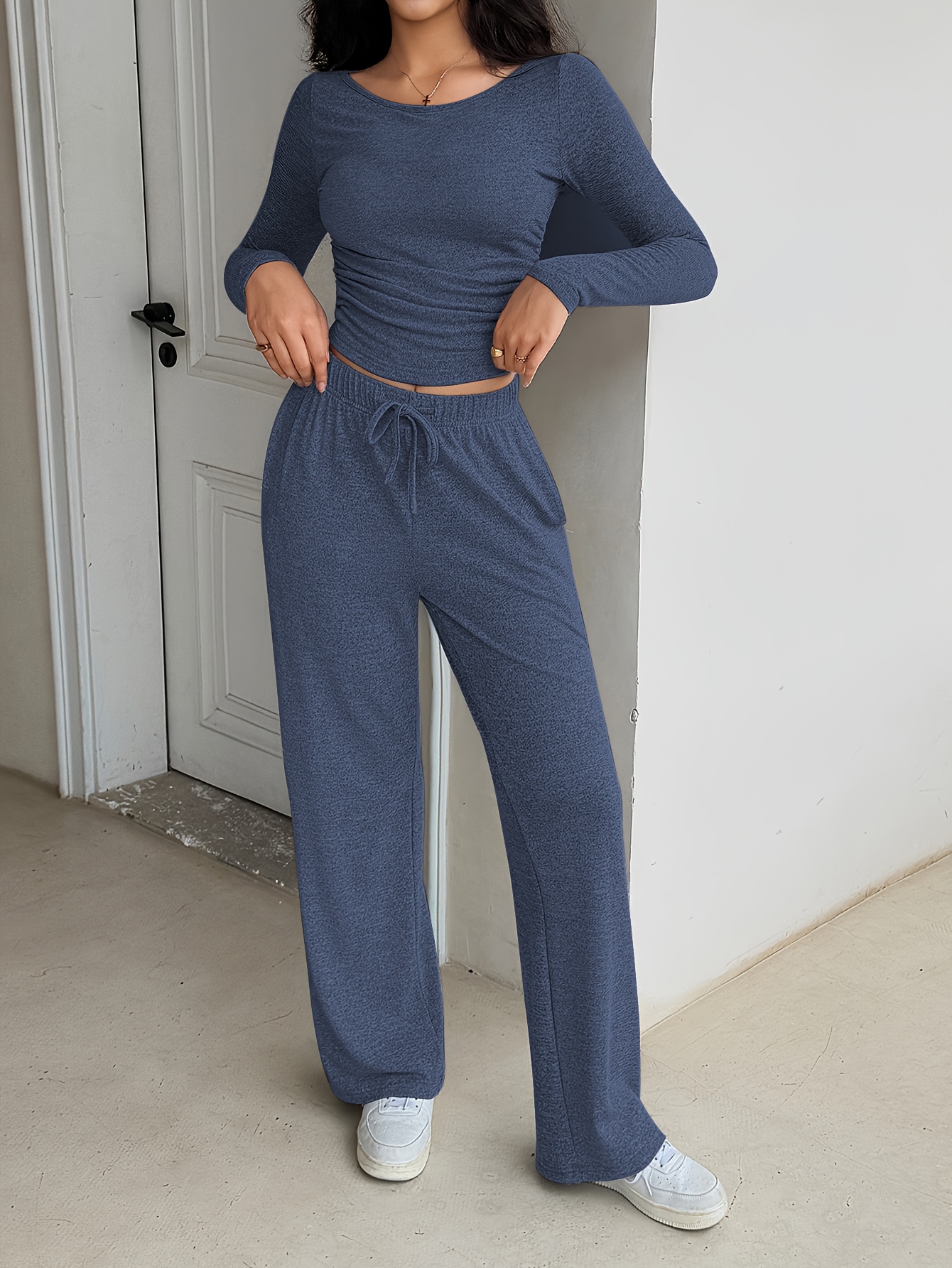 Women'S Cozy Fleece Jumpsuit Long Sleeve, Wide Leg, Drawstring Waist,  Solid, Casual Fall/Winter Outfit with Sneakers, Comfortable Clothing  Relaxed