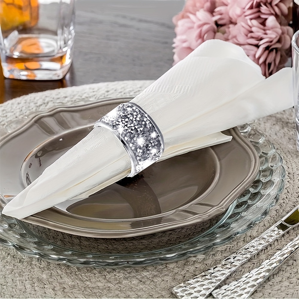 Image of 6pcs Silvery Shiny Diamond Napkin Ring, Christmas Napkin Holder, Suitable For Dining Table, Christmas, Thanksgiving, Wedding, Dinner Table Party Home Decoration