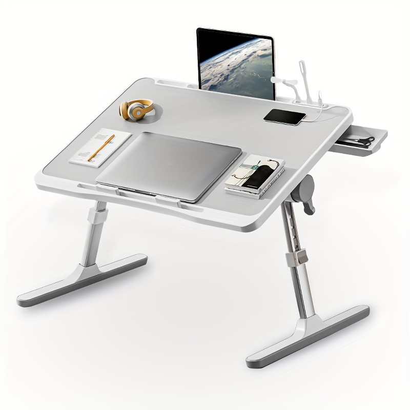 TEMU Laptop Tray, 60*40cm Table Lap For Bed, Premium Lapdesk, Height Angle Adjustable, With Usb, Drawer, Tablet Slot, For Eating, Working, , Gaming, Drawing (light Grey)