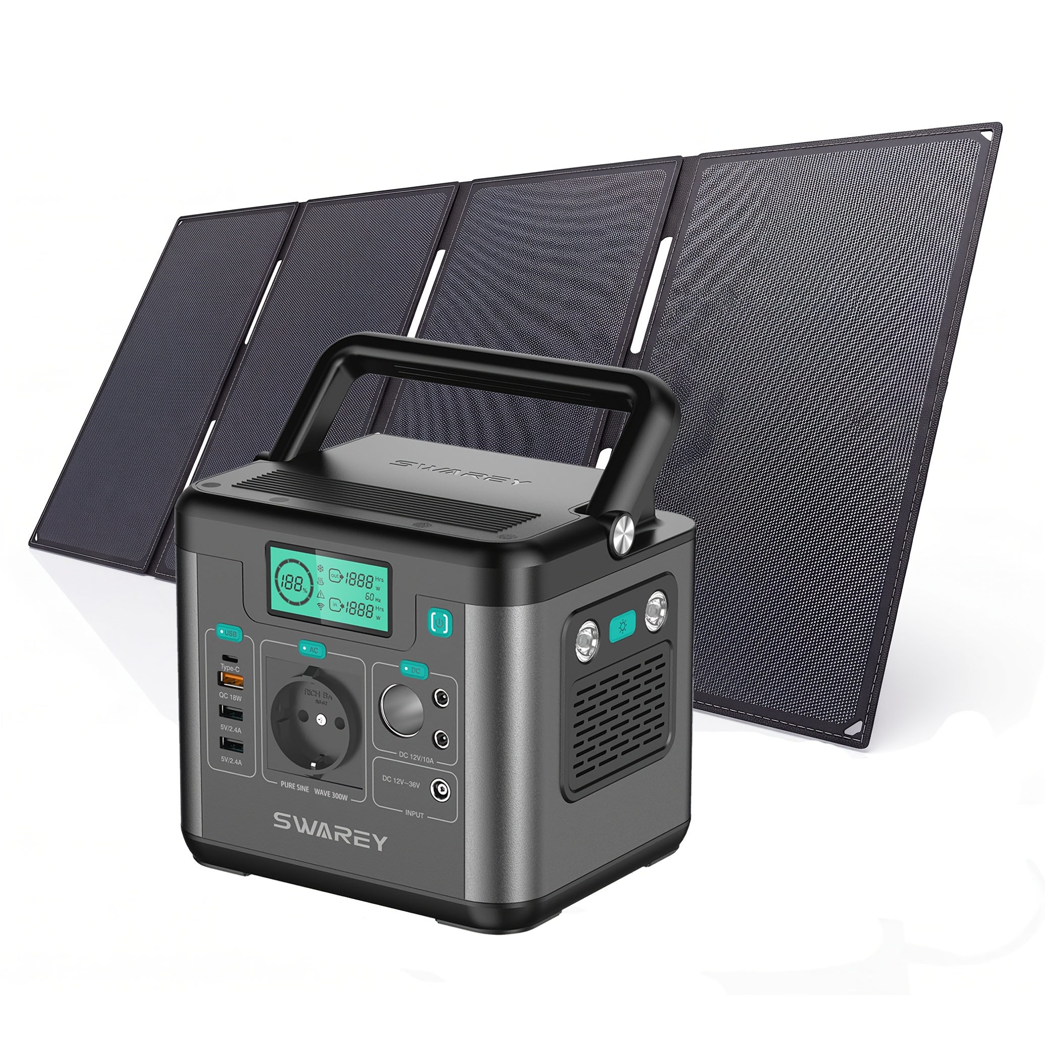 Image of Power Station With 60w Solar Panel, Swarey 222 Wh Lithium Batteries, 300 W ( ) Ac Output, 65 W Usb-c Port, Solar Generator
