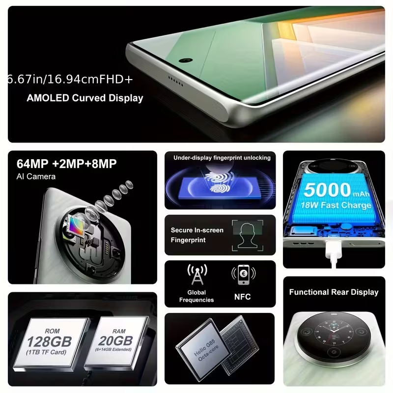 FOSSiBOT S3 Pro Mobile 2025 Android 14 Смартфон, 6.67-инчов AMOLED дисплей + 1.09-инчов допълнителен дисплей, 20GB RAM (6+14), 128GB/1TB памет, 64MP AI камера, 5000mAh батерия, NFC, Face ID, Dual SIM, Dual Standby, Без зарядно устройство