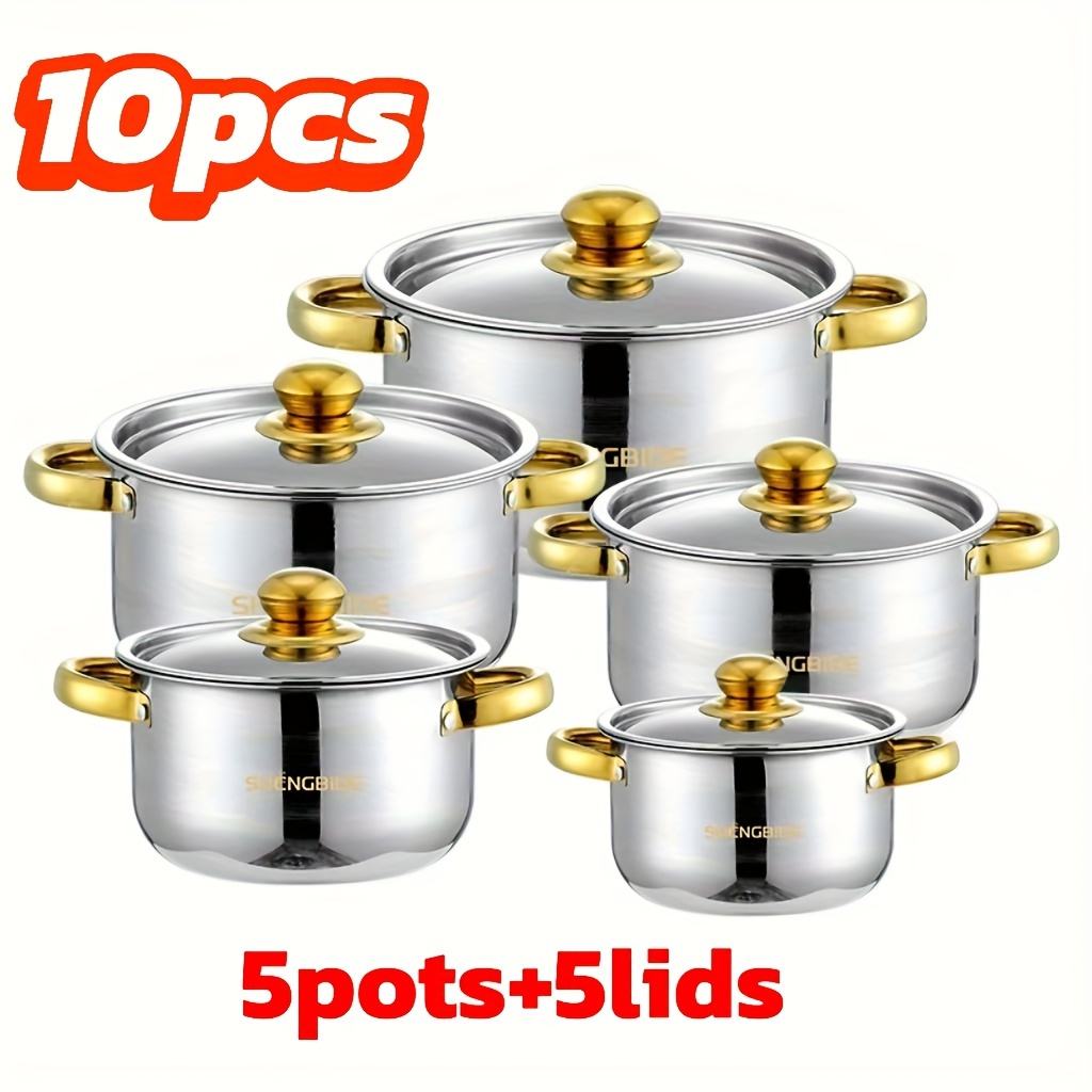 TEMU Stainless Steel Soup Pot Set Gold-plated Dual-sided -piece 10 Pcs Set Export Cookware Set Pot