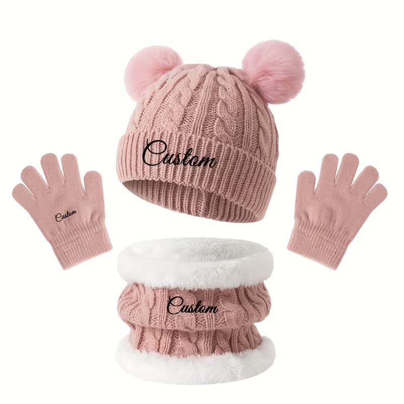 TEMU Ensemble personnalisé 3 pièces pour l'hiver : Chapeau, écharpe et gants - Chapeau bob épais, élastique légère, couvre-col chaud unisexe, lavable