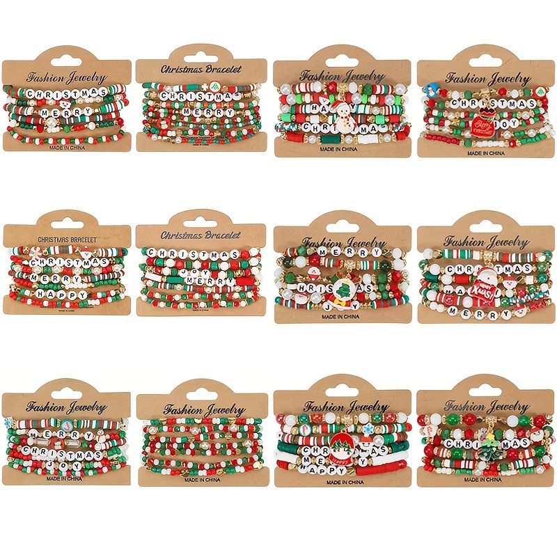 TEMU 12sets (total 77pcs) Christmas Beaded Bracelets, Multi Layer Stackable Beaded Stretch Bracelets, With Santa, Reindeer, Christmas Tree, Bell,