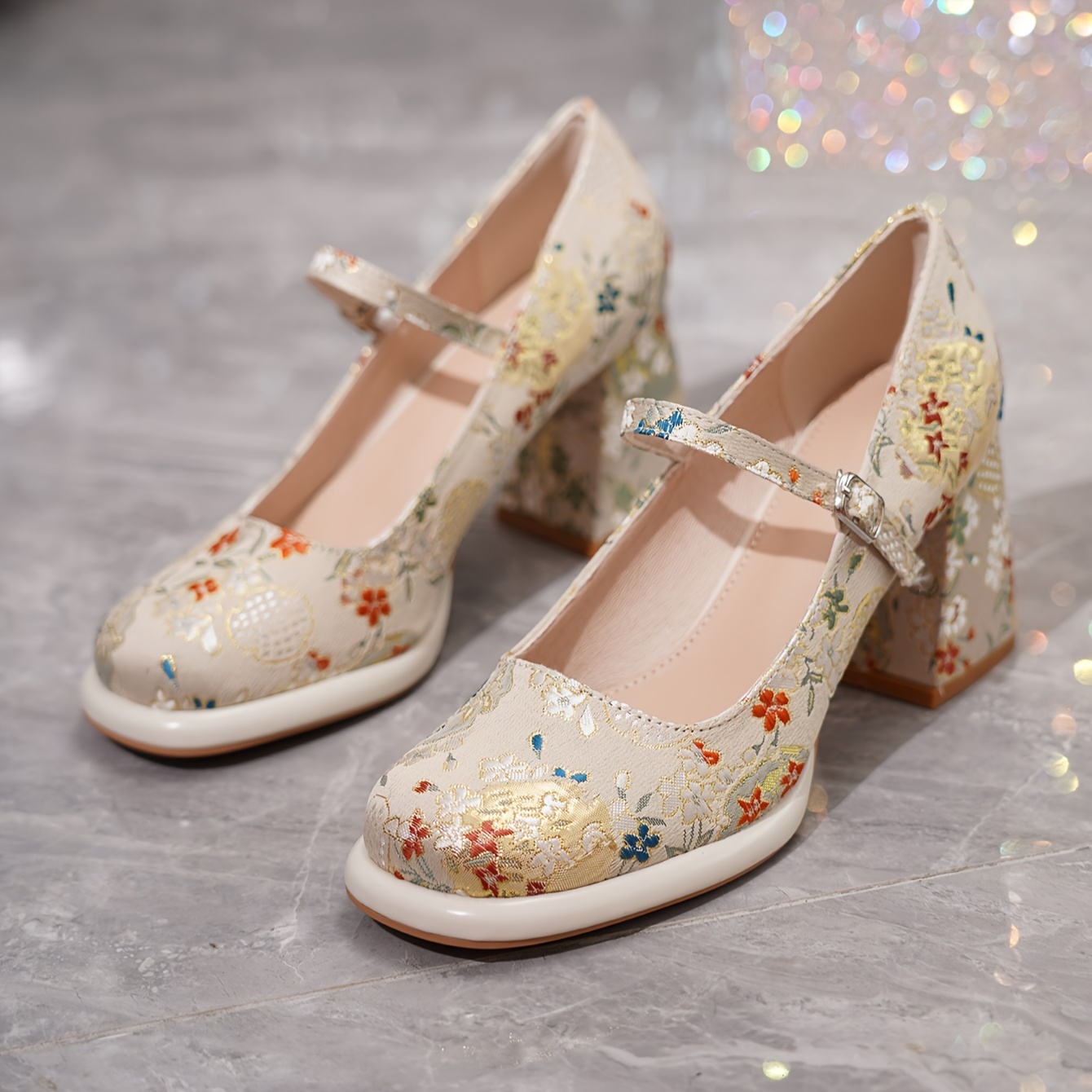 Women's Floral Pattern Wedding Shoes, High Heel Slip-on Dress Pumps with  TPU Sole